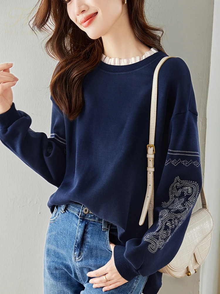 H Han Queen Autumn T-Shirts Vintage Embroidered Lace Office Sweatshirt Female O-Neck Tops Long Sleeve Casual Women Loose Tees