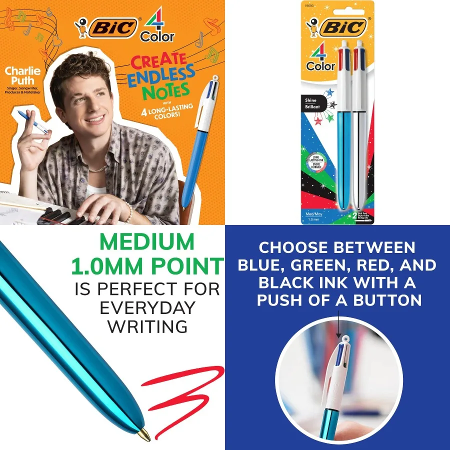 

BIC 4 Color Shine Retractable Ballpoint Pen with 1.0 mm Medium Point and Easy Portability 2-Count in Assorted Ink for Office Sc