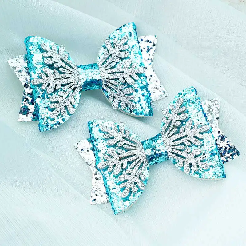 2pcs Glitter Hair Bows Clip For Baby Girls Christmas Snowflower Hairpin Barrettes Headware Grosgrain Ribbon Hair Accessories