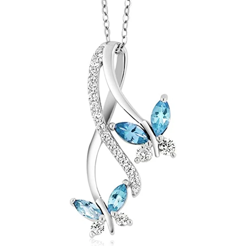 Huitan Chic Blue Butterfly Necklace for Women Wedding Anniversary Party Temperament Lady’s Neck Accessories CZ Luxury Jewelry