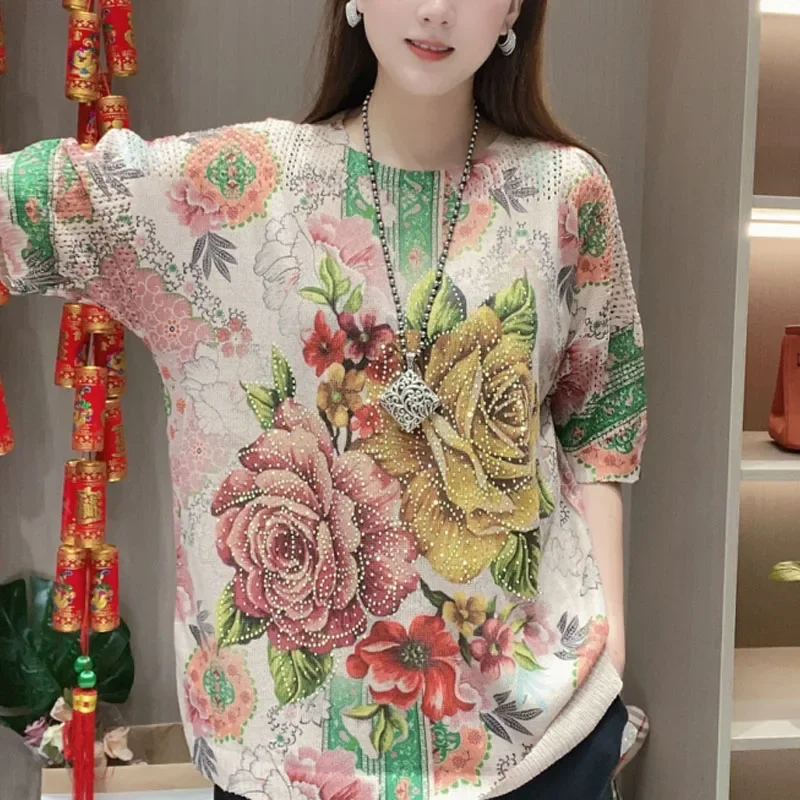 2024 Summer New Women\'s Pullovers Crew Neck Half Sleeve Printed Diamonds Loose Colorful Comfortable Flattering Tops T-shirt