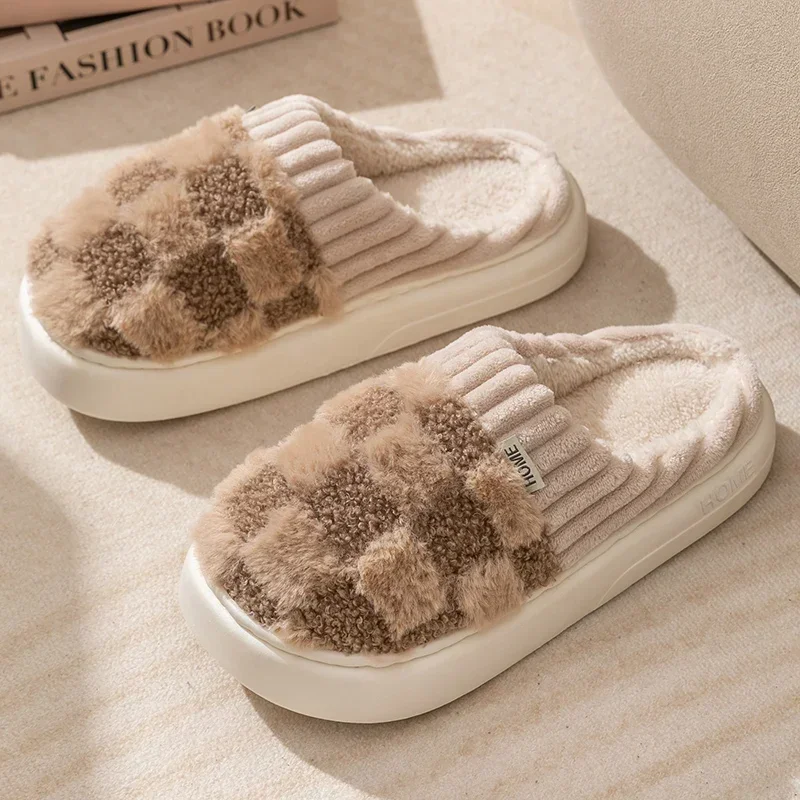 2024 Winter Toe Wrap Warm Plaid Cotton Slippers Couple's Thick Soft Sole Slides Men Women Indoor Floor Flat Home Non-slip Shoes