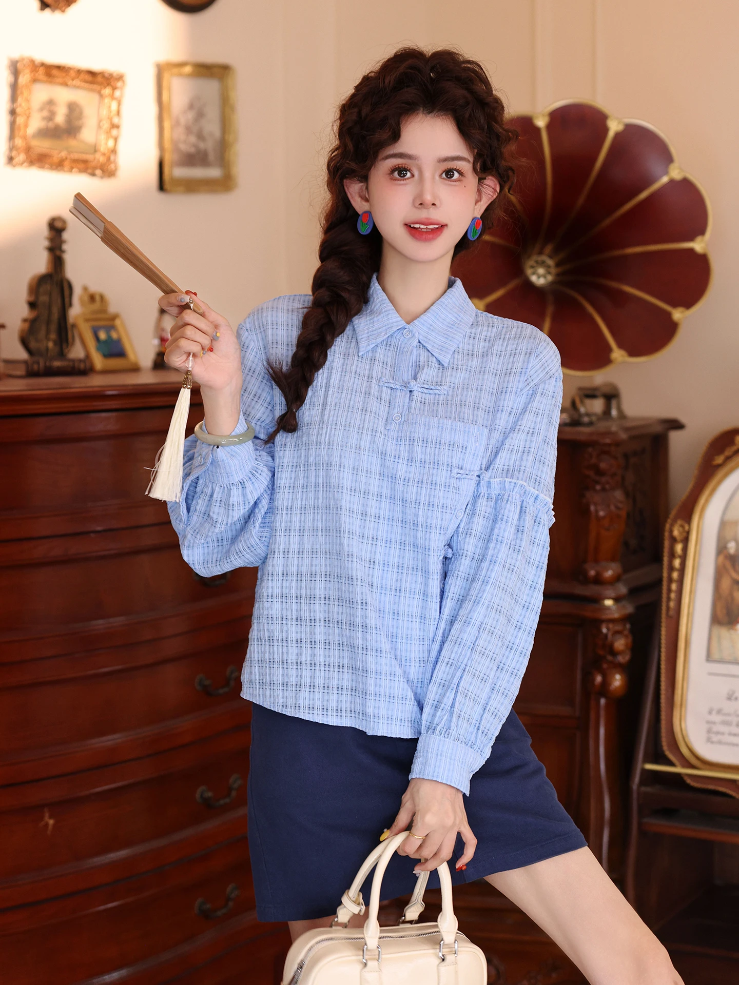 

Женская рубашка Blue Star Dot Design Sensation с пуговицами, длинными рукавами, универсальная, модная, повседневная, свободного кроя, из смесового полиэстера