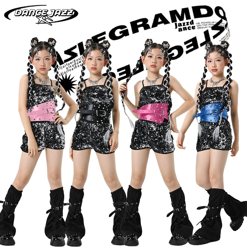 Mode Gruppe Leistung K-pop Outfit Kinder Pailletten Hip Hop Kleidung Mädchen Jazz Dance Kostüme Kinder Straße Tragen XS9865