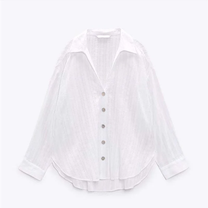 

Loose Fit Pure Cotton White irt Vertical Ruffle Design Women's Faion 2023 Summer Regular Sve Long Collar Button up