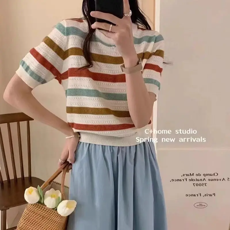 Zomer Mode Gestreept Patchwork Gebreide T-Shirt Vrouwen Casual Losse O-hals Top Met Korte Mouwen T-Shirt Dame Elegante Chique Dunne Pullovers