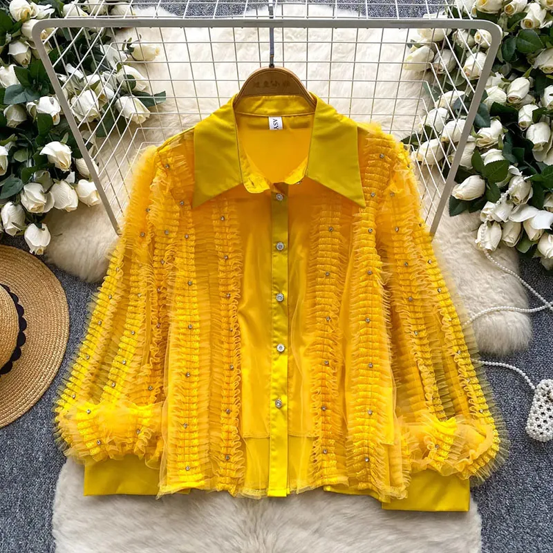 Blusa de satén con cuentas de diamantes, manga acampanada transparente, Top de lujo de alta calidad, camisa de fiesta plisada con empalme de encaje para mujer