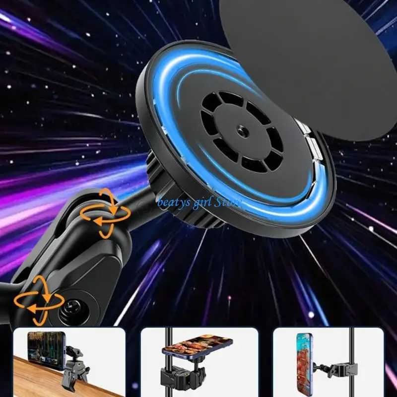 C7AB Adjustable Phone Holder for Round Tubes, Clamp Mount with Rubber Contact Grip, Camera Stand Port, and Viewing Control