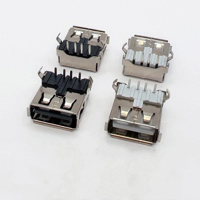 10PCS USB-A female seat AF90 degrees bent pin crimping reverse rubber core USB interface black and white PBT Horizontal pin