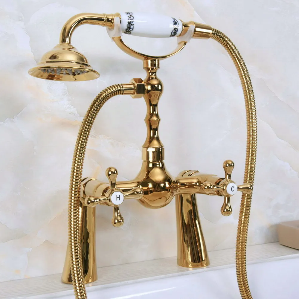 

Luxury Golden Brass Double Handle Deck Mounted Bathroom Bath Tub Faucet Set with 1.5M Hand Held Shower Spray Mixer Tap 2na149