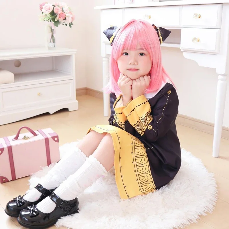 Anime spy family Anya forger cosplay costume kids Anya kawaii black dress party clothes wig plush toys Halloween women Girl