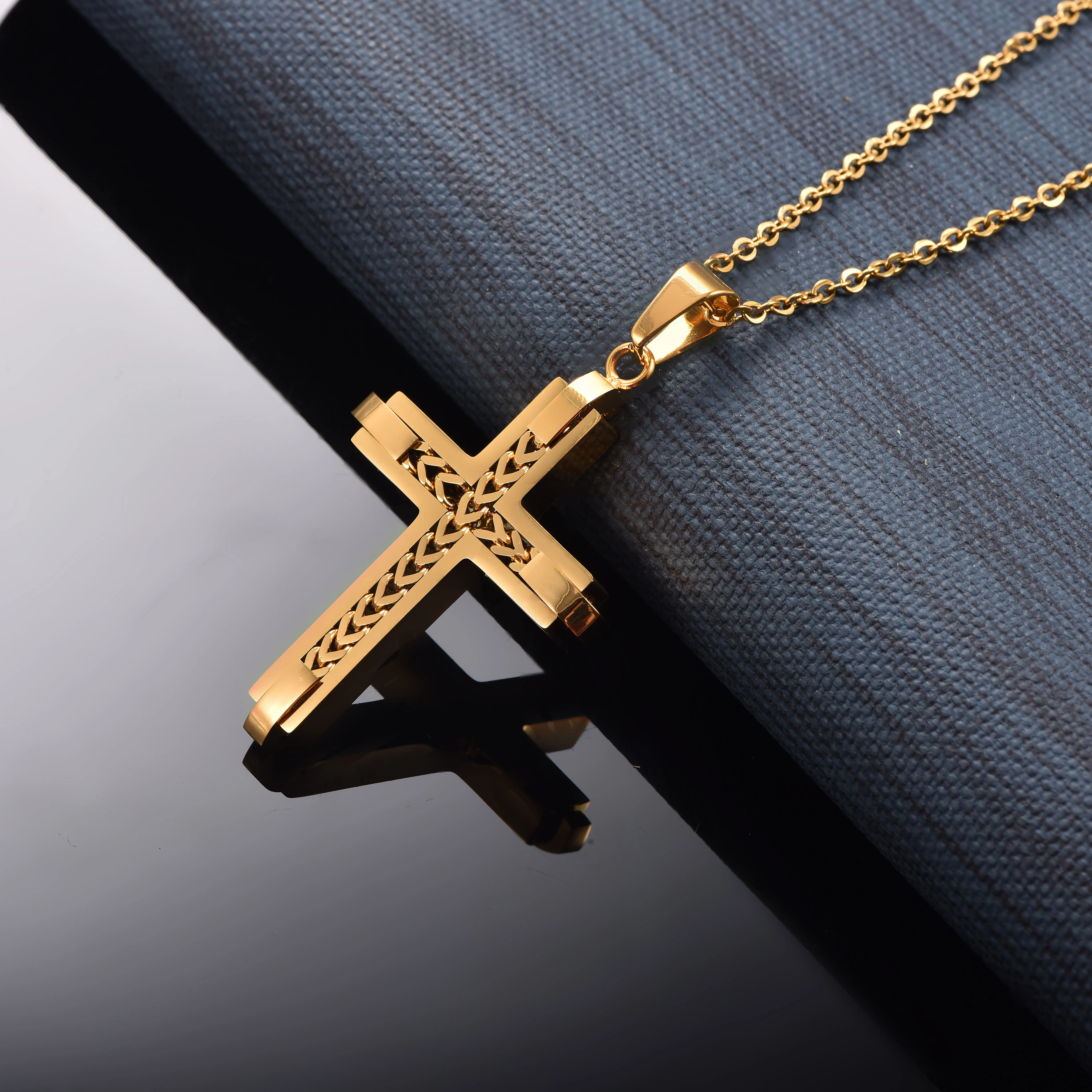 Vintage Edelstahl Hohlgeflochtener Kreuzanhänger Halskette Zweifarbige Religiöse Kreuzkette Männlicher Gebetsschmuck Geschenk – Detail 7