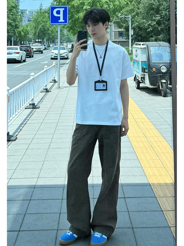 

Brown American Style Slanted Cut Jeans for Teens Youth Cleanfit Workwear Trousers High Waist Straight Leg Micro Flared Pants