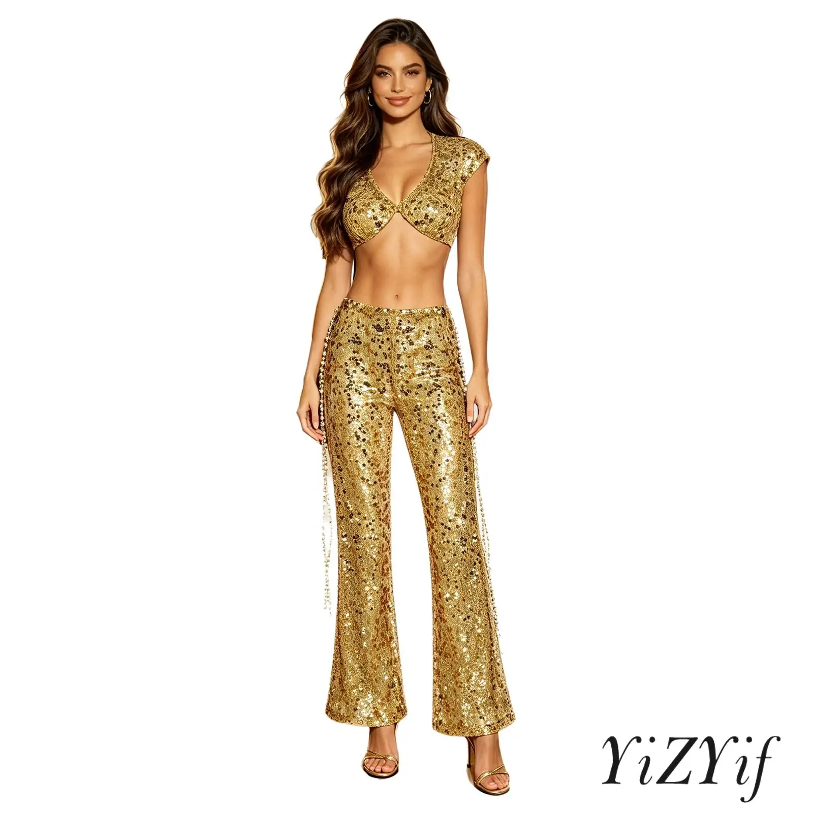 Women Glitter Allover Sequin Party Outfit V Neck Sleeveless Crop Top Wide Leg Long Pants with Waist Chain for Night Party Club