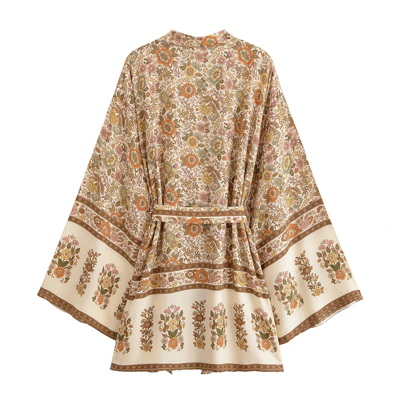 KEYANKETIAN 2026 New Women's National style Print Viscose Kimono With Belt Flare sleeve Loose Cardigans Retro Beachwear Top