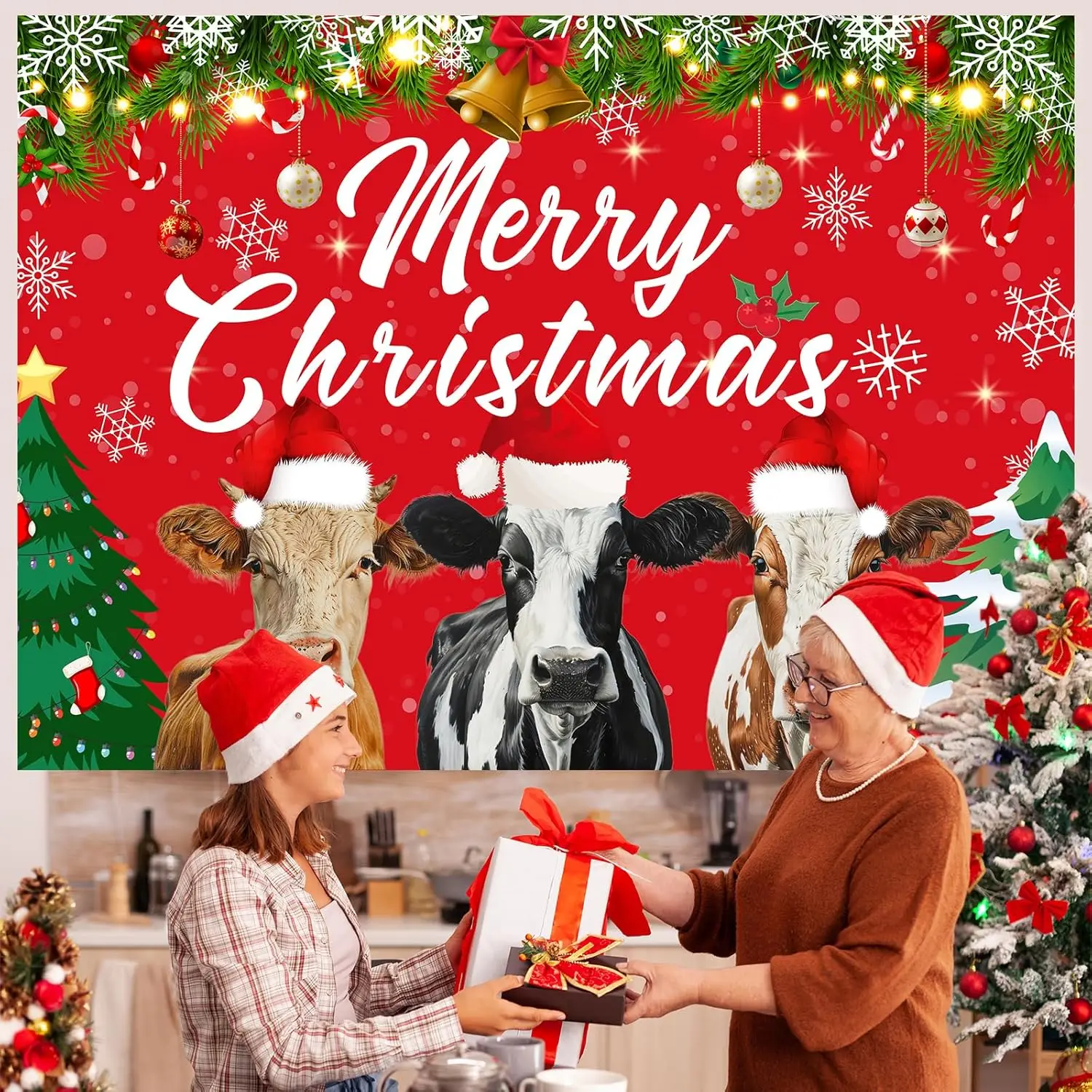 Funmemoir 5 X 7ft Red Christmas Cow Backdrop Merry Christmas with Cattle Printed Background Xmas Party Decorations Supplies