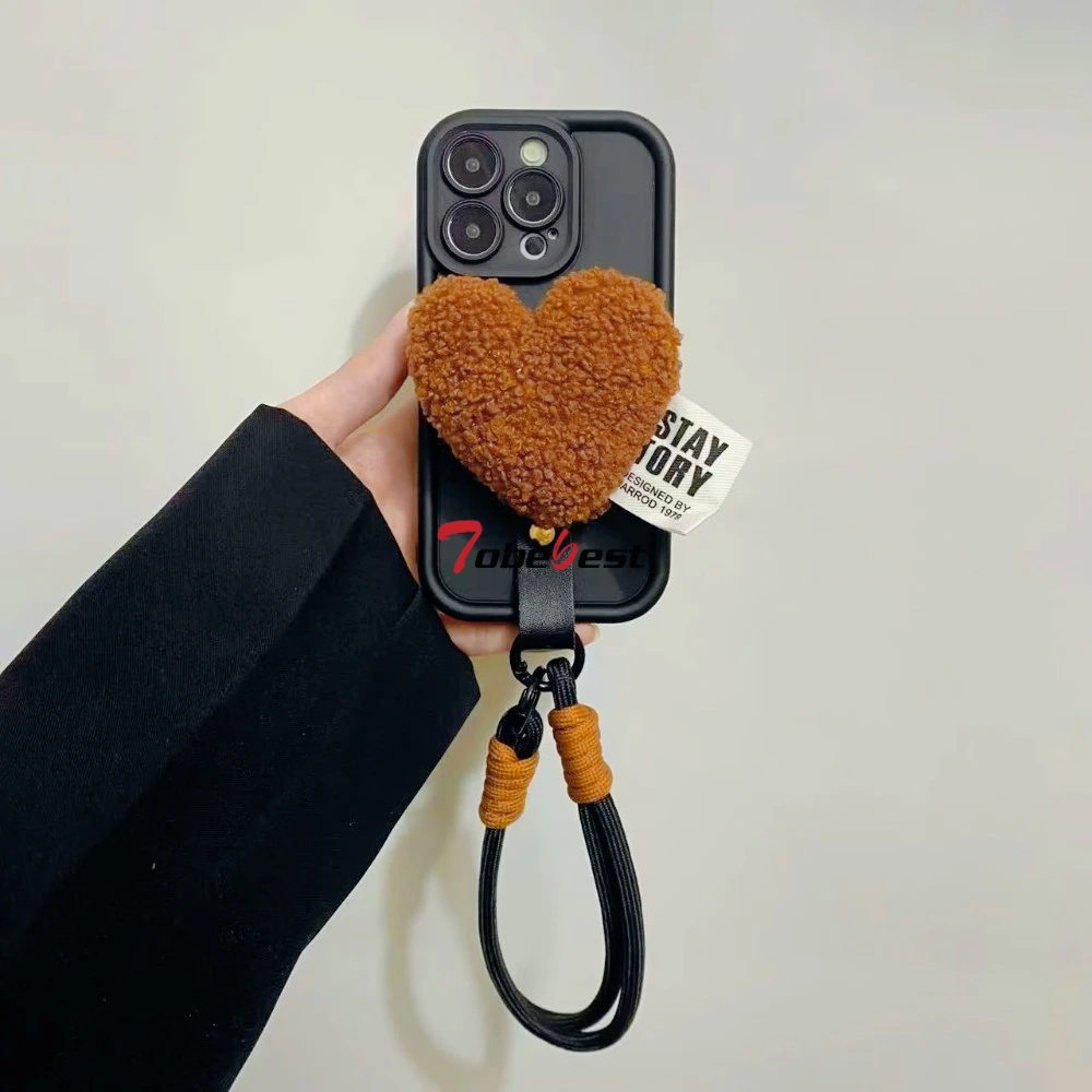 Brown Plush Love Heart Bracke Silicone Case For Xiaomi Redmi 14C 13C 12 12C 10 10C 10A 9 9A 9C 4G Back Cover