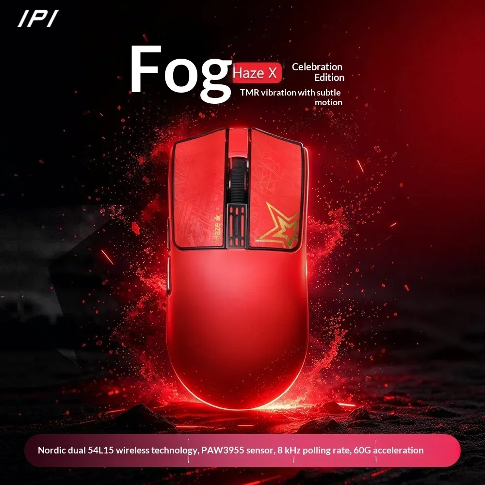 IPI Fog Haze X Red Celebration Edition Wireless Mouse PAW3955 8K Tri ModeTMR Haptic Feedback Lightweight Esports Gaming Mouse
