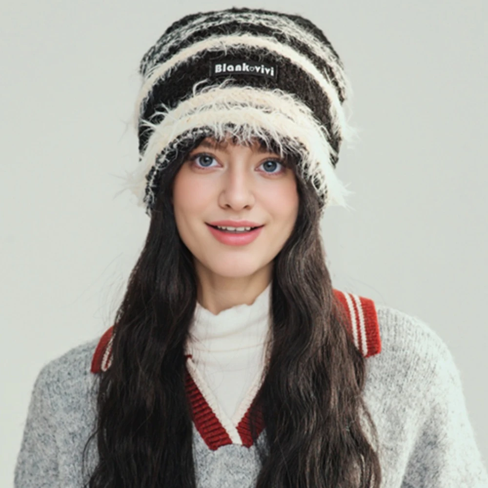 Neuer Stil Lässige Chic-Mütze Lazy-Style Mode Gestreifte Beanie-Mütze Süße Wintermützen für Frauen Streetwear Strickmützen für Mädchen