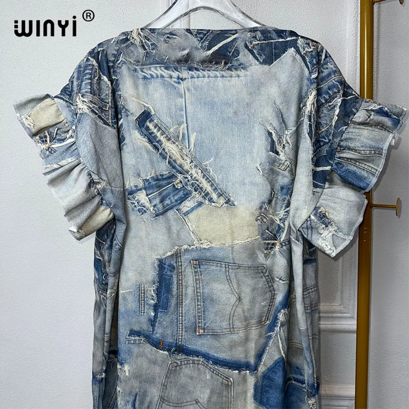 WINYI Original Make a old printed denim dress summer Fashion Africa Womens party holiday Casual Short Sleeve Maxi beach dress