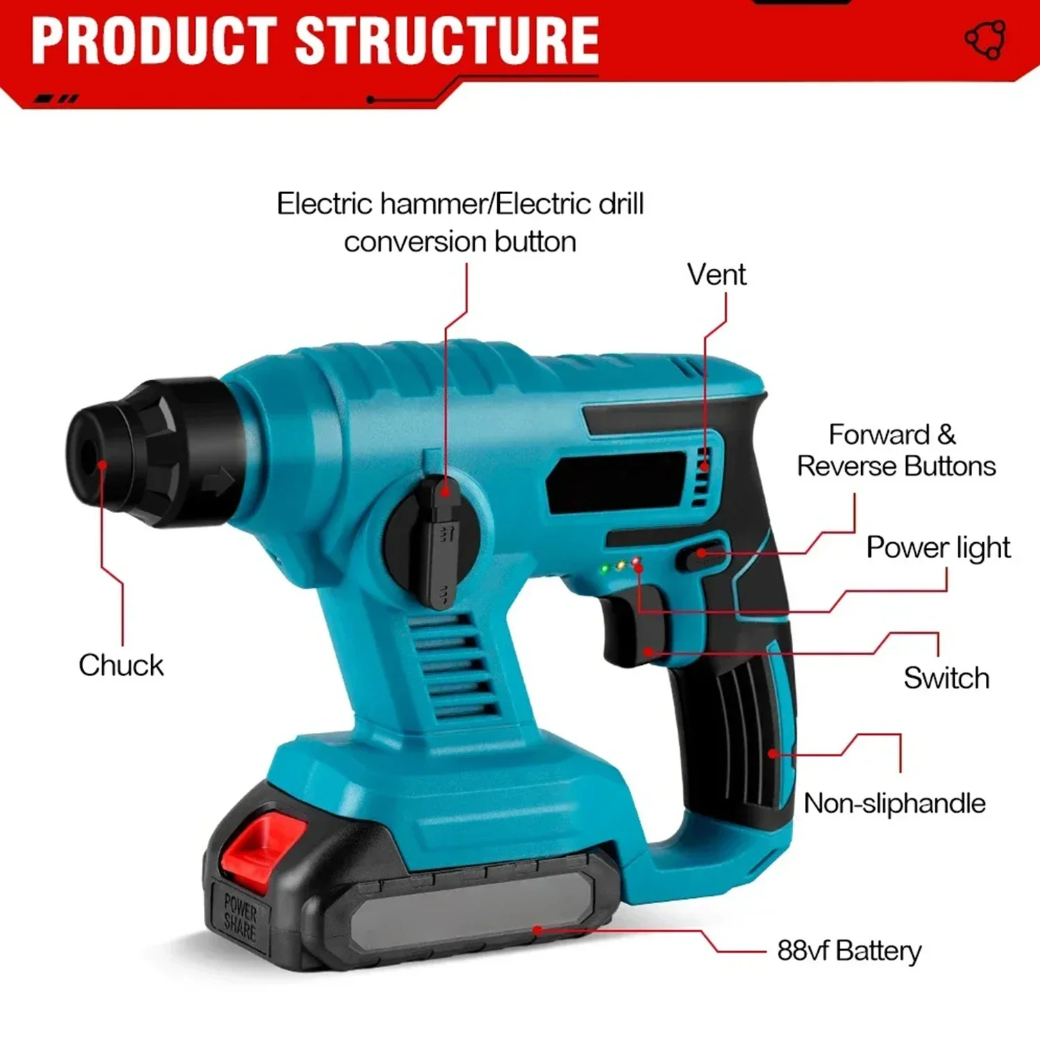 L1000W 8600IMP Brushless Electric Hammer Drill Multifunctional Rotary Cordless Rechargeable Power Tools For Makita 18V Battery