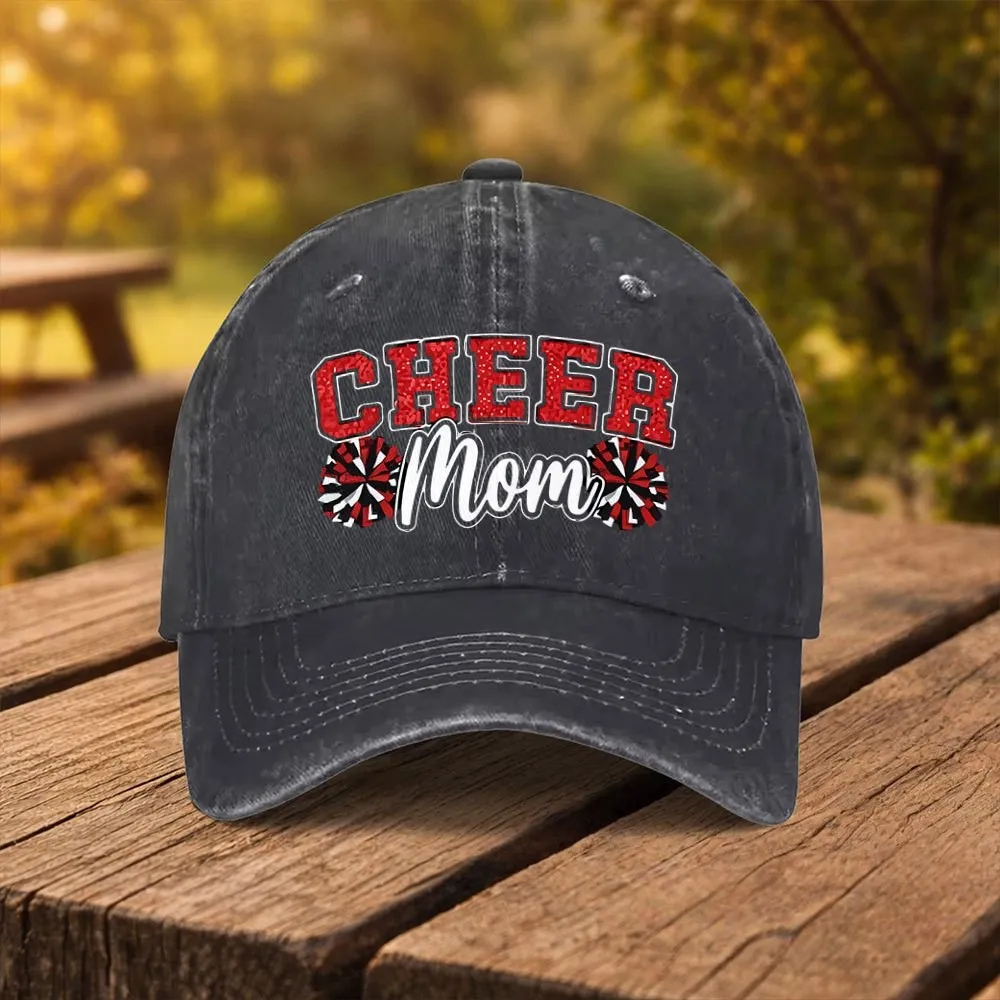 Cheer Mom Print Distressed Cotton Baseball Cap Unisex Adjustable Sun Hat for Outdoor Sports Travel