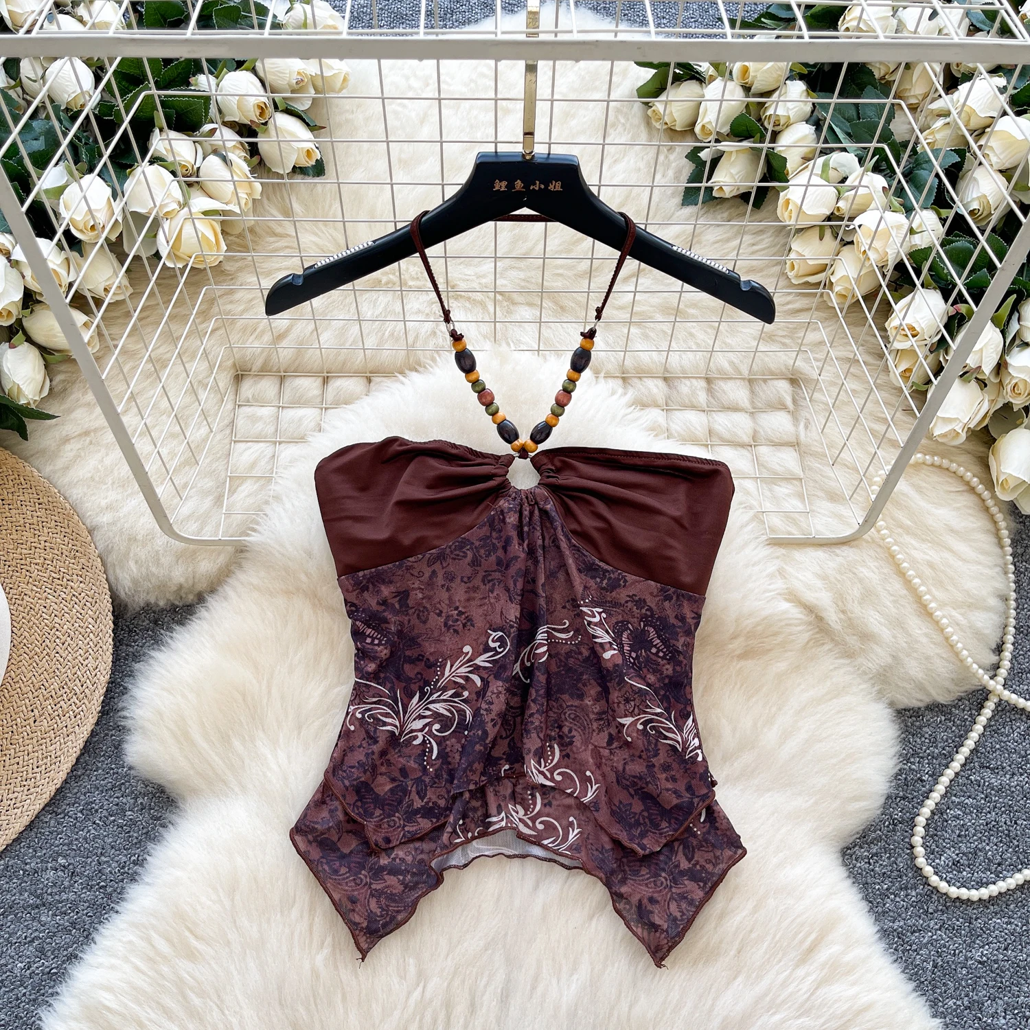 Female Hotsweet Y2K Beading Tops Shirts Print Halter Strapless Camis Crop Tops Lady Tropical Nightclub Tanks Women Party Tees