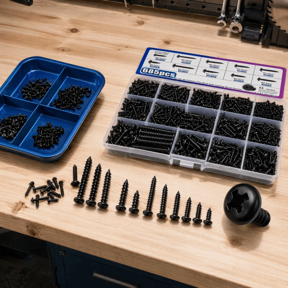 Round Head Self Tapping Screws Black Carbon Steel 14 Sizes Assortment Phillips Pan Head Screws Cross Recessed