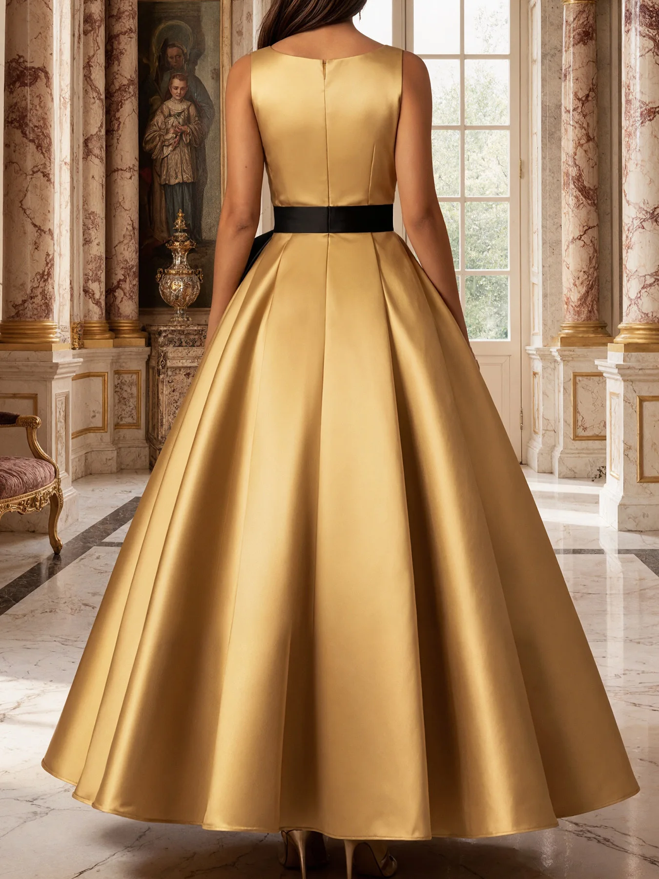 Women Plus Size Satin Ball Dress Sleeveless Round Neck Maxi Dress with Big Bow Waist A Line Formal Evening Wedding Party Dress view 3