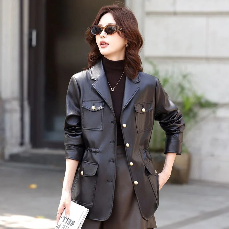 New Women Elegant Split Leather Coat Spring Autumn Fashion Suit Collar Single Breasted Drawstring Slim Waist Daily Leather Coat