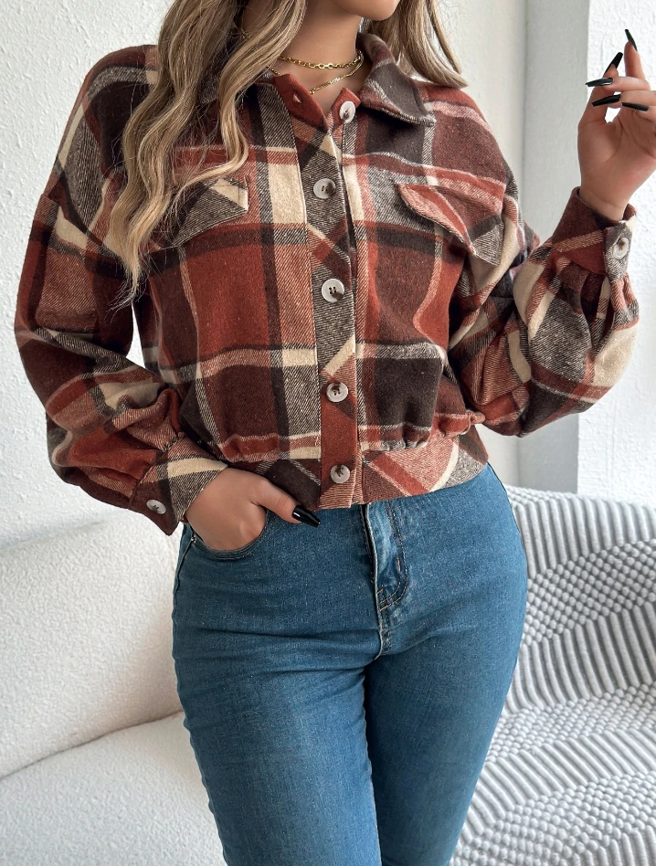 

Women's winter jacket plaid shirt fake pocket long sleeved jacket street fashion basic fashion casual women's button jacket