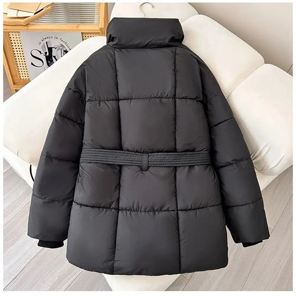 Winter Women Cotton Coats Outerwear Fashion Loose Stand Collar Belt Quilted Jackets Thick Warm Cotton Padded Coat Korean Style