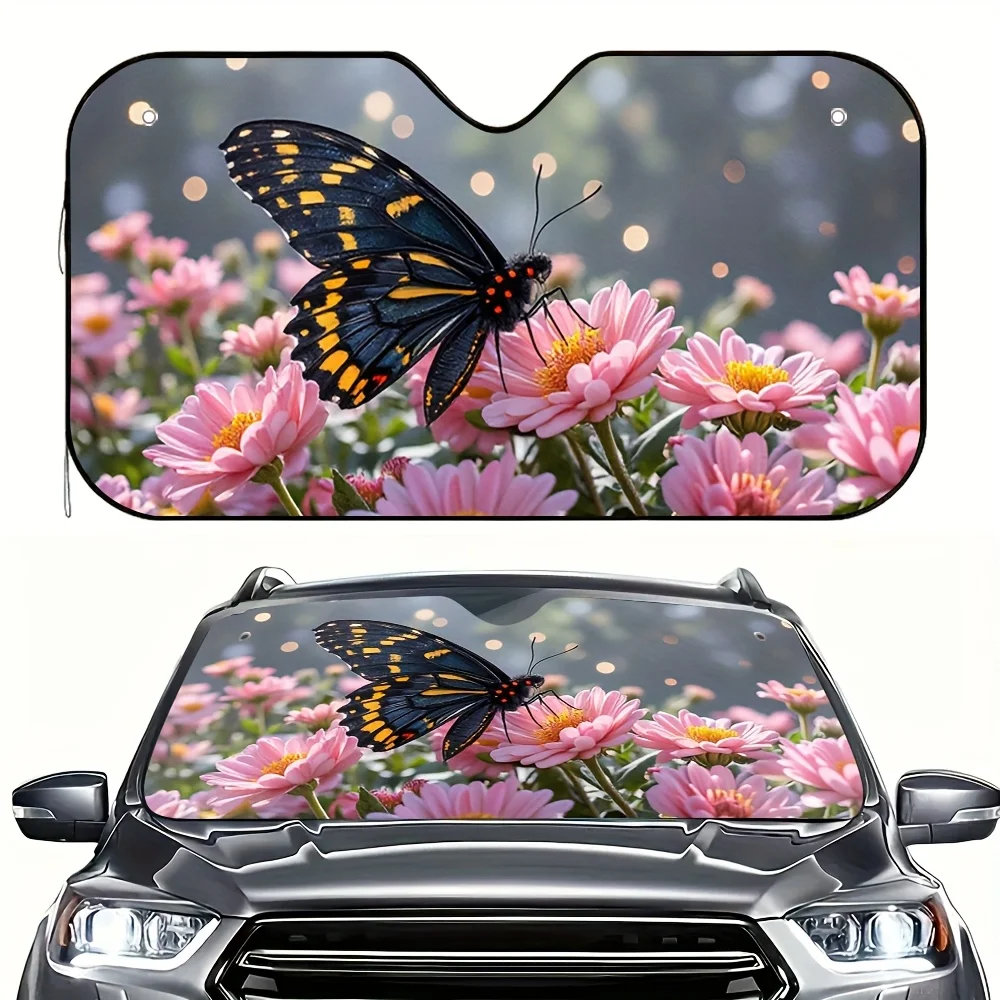 

1pc Sunflowers And Butterflies Car Sun Visor Solid Sun Protection For Out Of Town Meetings Unique Looking Vehicle Accessory Univ