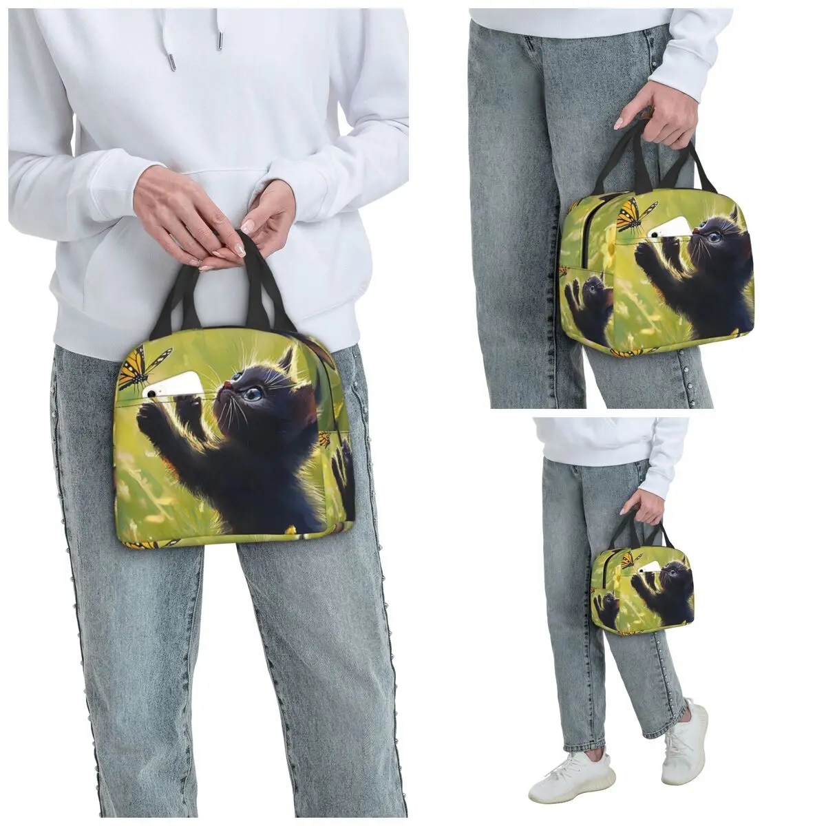 Cute Black Kitten And Butterfly Insulated Lunch Bag for Kids School Cooler Thermal Food Box Tote Portable Lunch Boxes Container