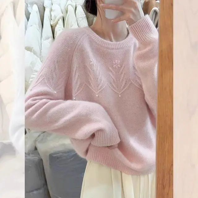 

Осень-зима 2025: розовый свободный пуловер с длинными рукавами и принтом для женщин, милый и ленивый вязаный топ