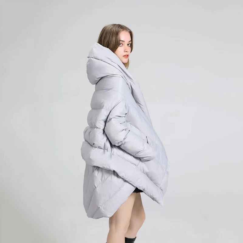 New Winter Irregular Shawl Jacket White Duck Down Coat Overcoat Women Medium-length Thickened Loose Hooded Puffer Parka Jacket