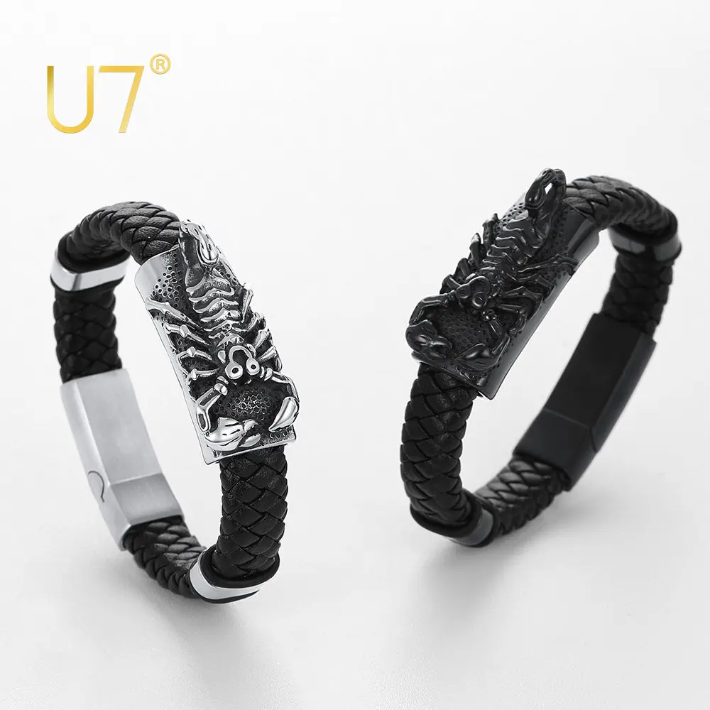 

U7 Stainless Steel Animal Leather Bangle Bracelet for Man Cobra Elapid Scorpion Animal Charm Punk Laser Engrave Name ID Bracelet