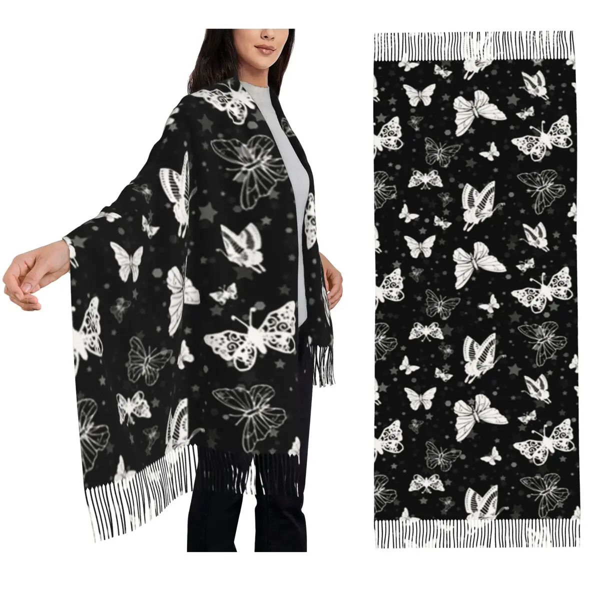 Black White Hollow Butterfly Pattern Scarf Tassel Scarves Women Soft Warm Shawls and Wraps Large Fall Winter Shawl Wrap