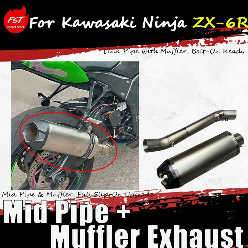 For Kawasaki Ninja ZX-6R FST Straight On Resonator Delete Exhaust Mid Tail Titanium Middle Section Carbon Fiber Exhaust Tip