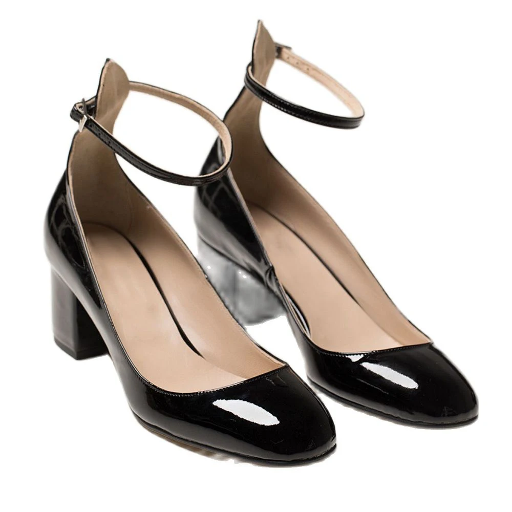 Women Black Patent Round Toe Block Heel Ankle Strap Pumps Work & Career Shoes