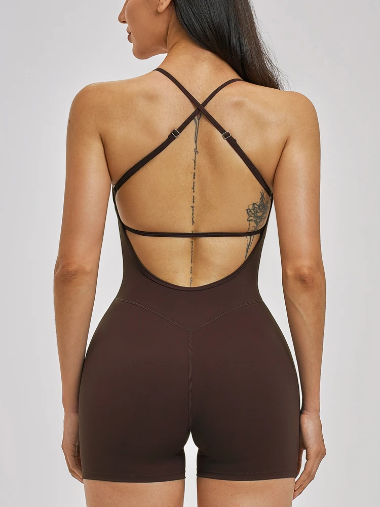 VITALINOVO Women Strappy Backless Jumpsuits Tummy Control Bodycon Yoga Romper One Piece Built-in Bra Workout Jumpsuit Shorts