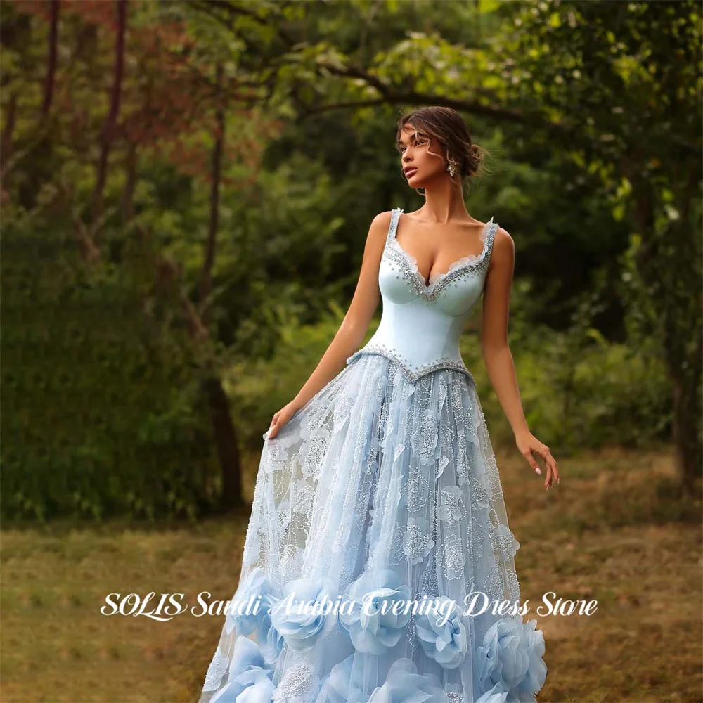SOLIS Sky Blue Evening Dress Spaghetti Strap Formal Gown Beading On Chest Night Dress Embroidery Flowers Prom Dresses Customized