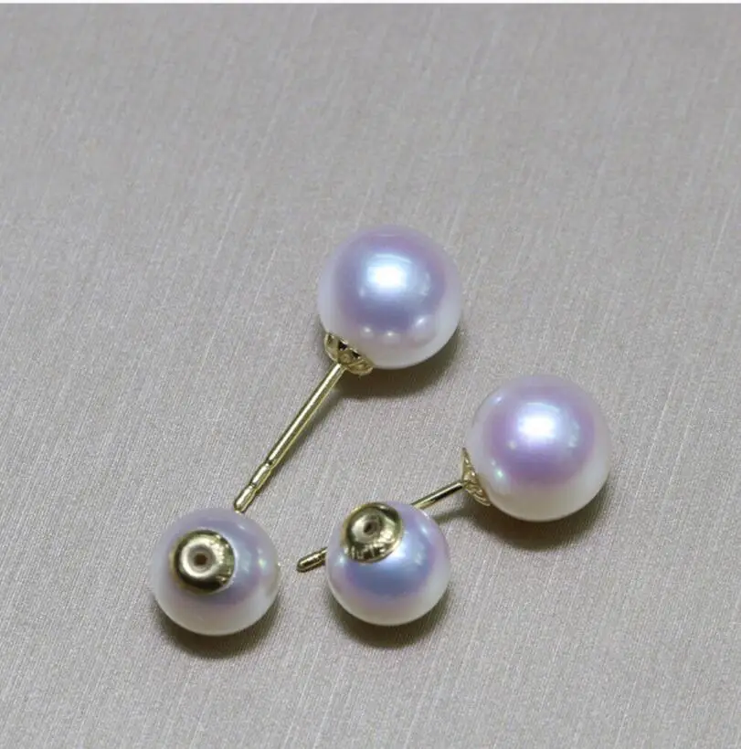 AAAAA 9-10mm Pure Natural Japanese Akoya White Round Pearl Earrings 18k Gold-