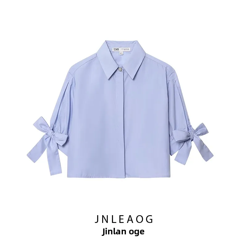 

JNLEAOG Women's Silk irt Autumn New Sle Wind Design Knot Front Plaet Straight Cut ort Sve Collar