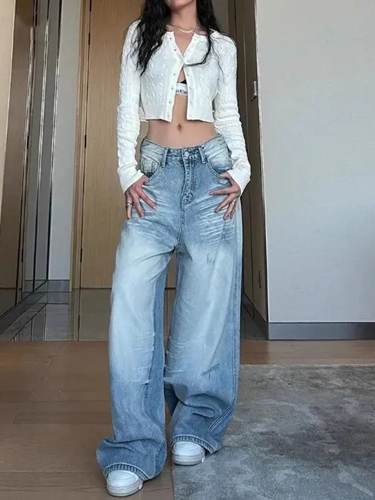 American Retro Loose Women's Blue Jeans Y2K Classic Straight Barrel Waist Slim Fit Korean Style Casual Women Jeans for Autumn