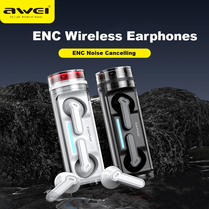 

Awei T77 ENC Wireless Bluetooth 5.3 Earphone Noise Cancelling Bluetooth Headphones with 4 Microphones Rotating Charging Case