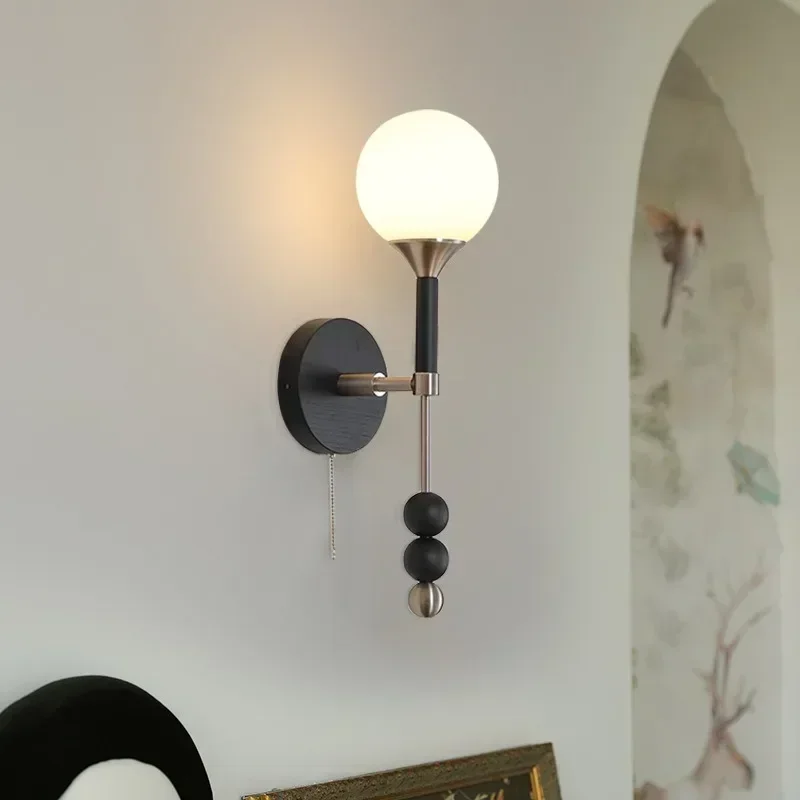 SANDYHA French Wall Lamp Wood Glass Bedside Lamp LED Background Light for Living Room Bedroom Dining Table Home Decor Lighting