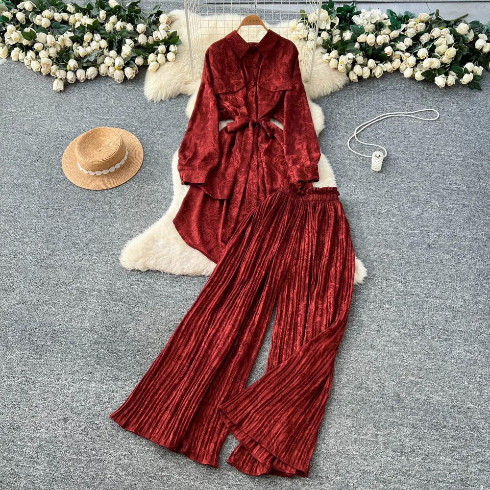 

2026 New Spring legant Fashion Suit for Women Shirt Casual High Wais Long Sleeved Printed Shirt Wide-leg Pants Two-piece Set