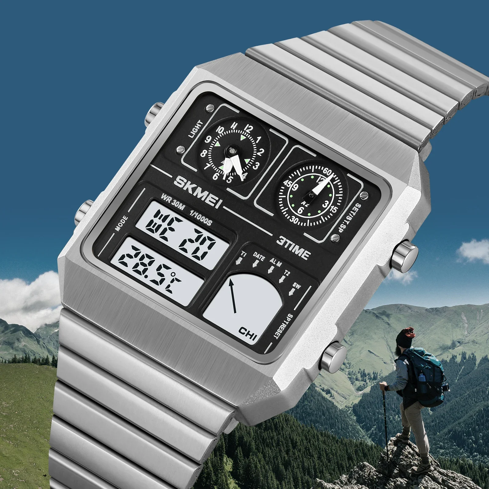 SKMEI 2198 StainlessSteel Thermometer Sports Watch Men\'s Leisure Business Electronic Watch LED Digital Watch Waterproof Digital