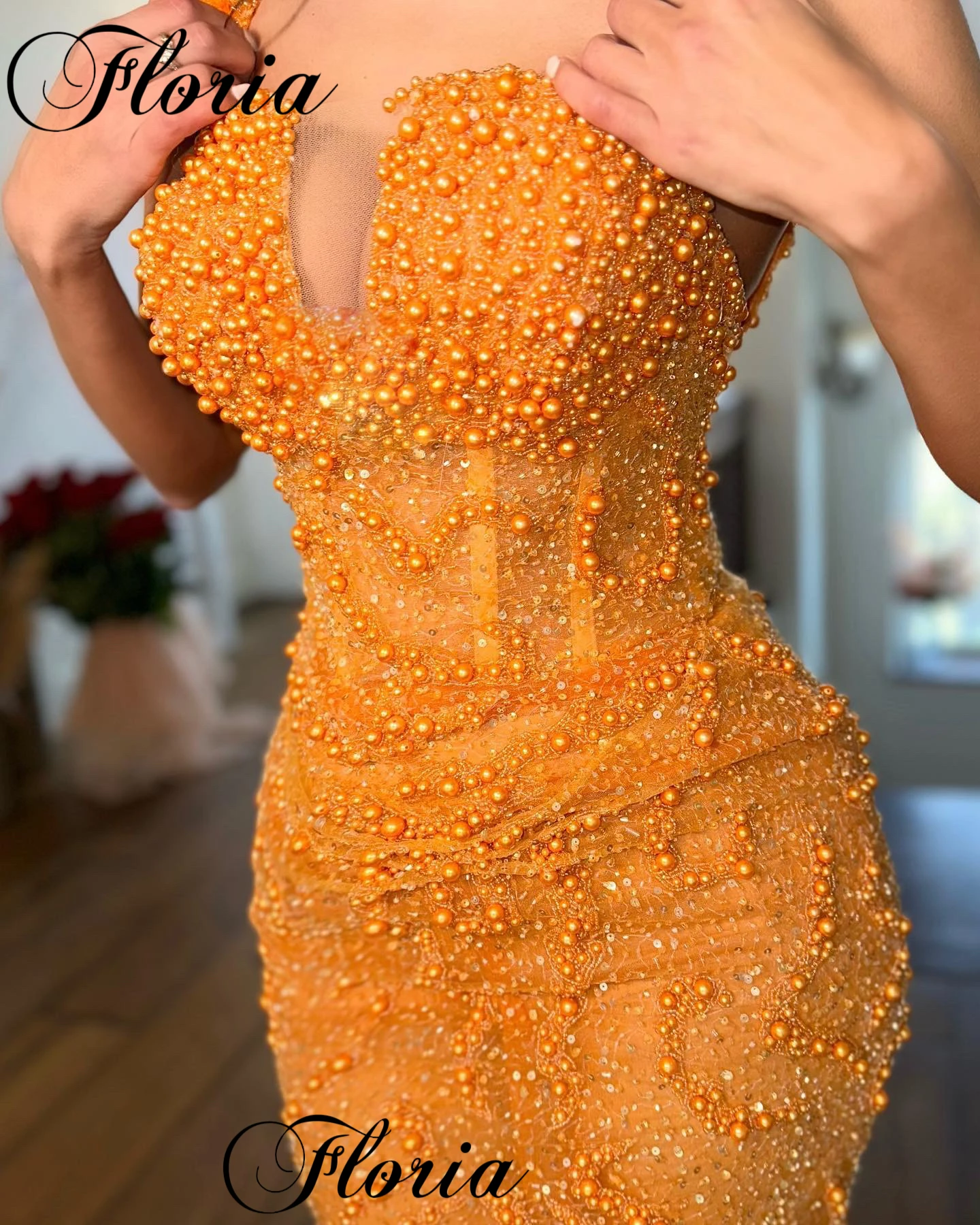 Orange Pearls Cocktail Dresses Mermaid Spaghetti Strapless Prom Dresses Garden Wedding Guests Dresses Vestidos De Cóctel Custom